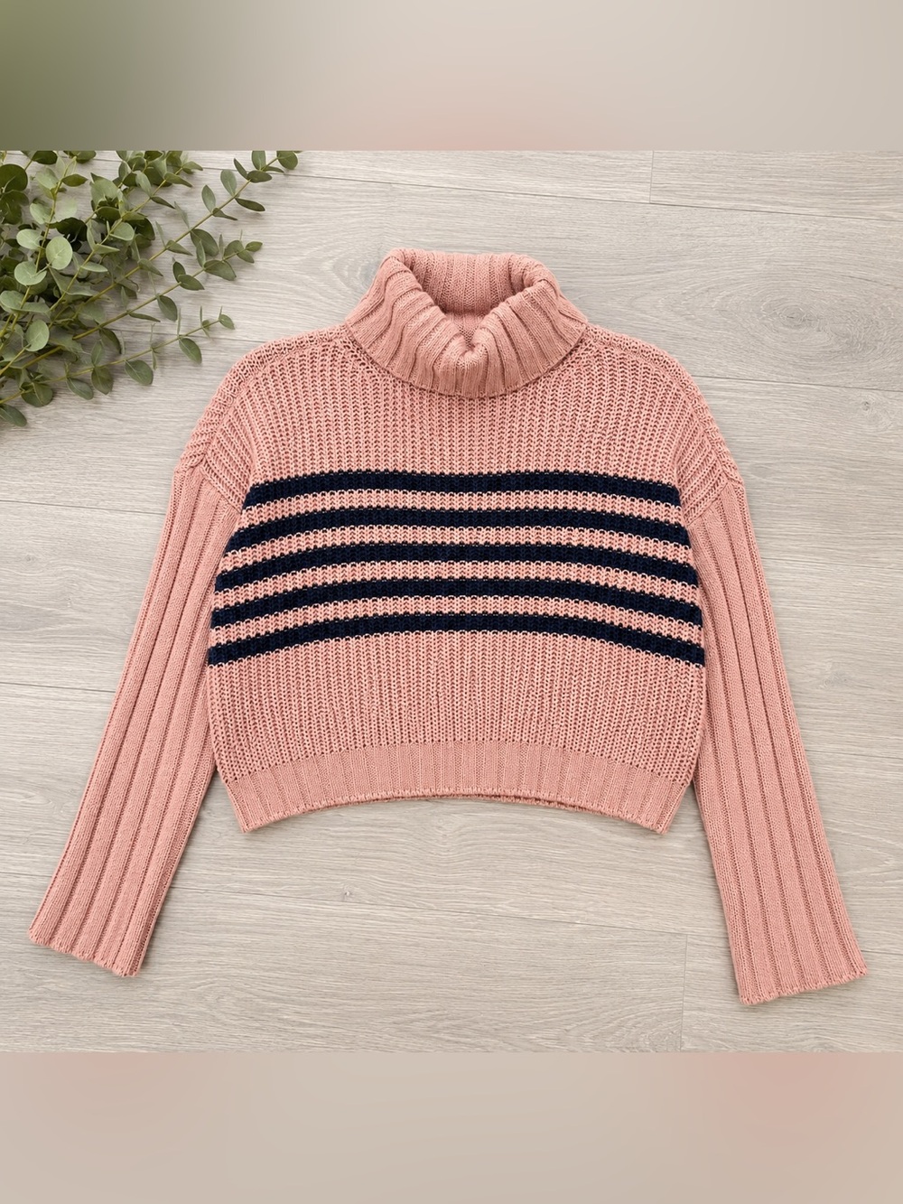 SO Blush‎ Pink Turtleneck Sweater with Navy Stripes